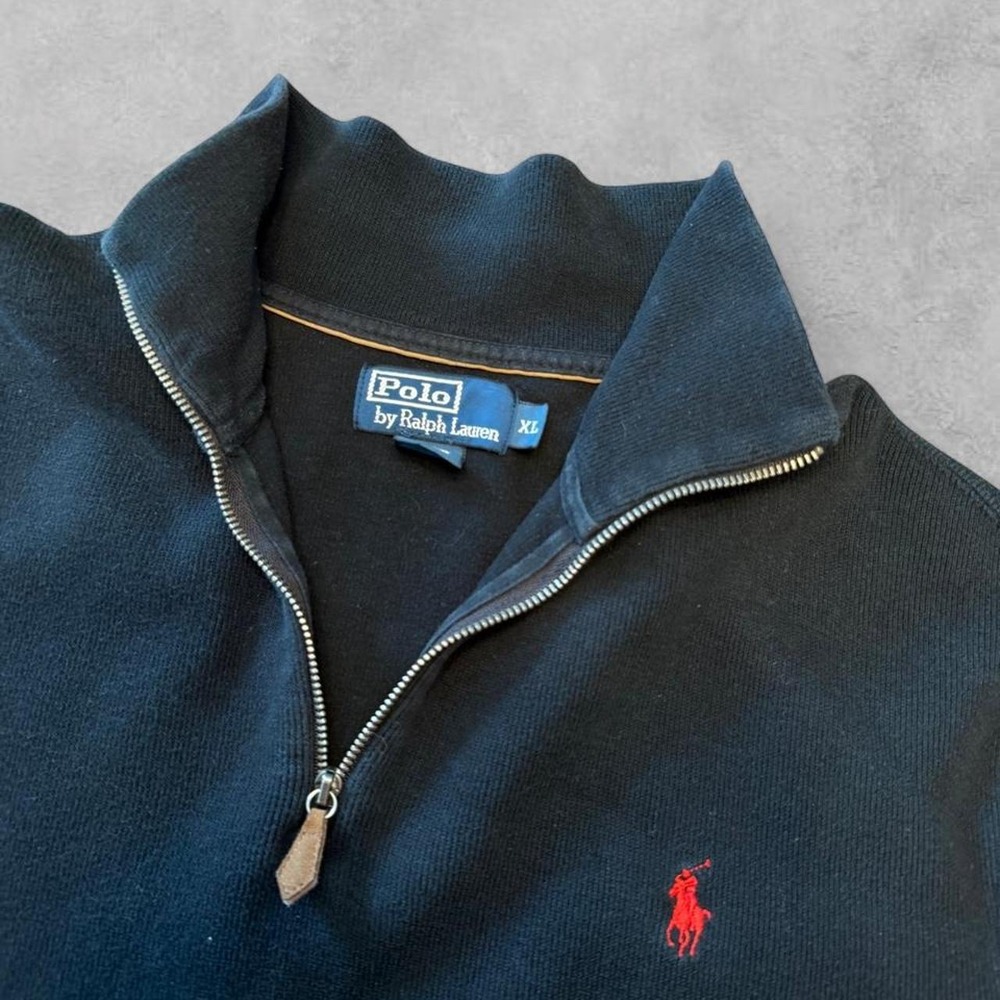 Polo Ralph Lauren Vintage Quarter Zip Pullover Navy Blue Mens XL Red Pony Logo